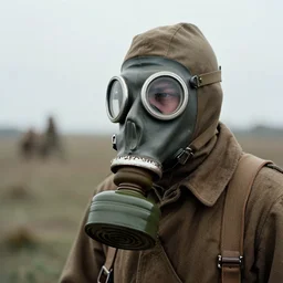 a man wearing primitive hooded gas mask at distance, ww1 film photo, grainy, high detail, high resolution