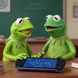 old photo of Kermit the frog teaching physics on a PSP
