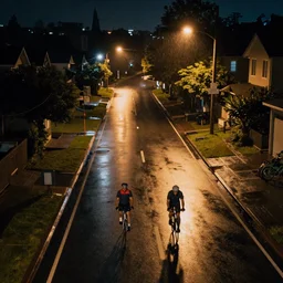 motion blur, cinematic night time birds eye view of two commuting cyclists plunging down a wide, steep rain soaked suburban hilly road, rainy night scene, wet road, amber light, Sigma, 24mm, f/8, 1/1000 second shutter -1