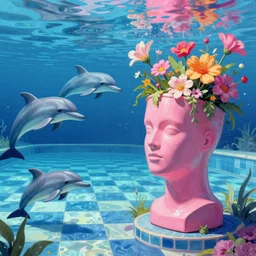 trending on artstation, highly detailed, vaporwave surreal ocean, dolphins, pool, checkerboard pattern underwater, cuastics, award winning masterpiece with incredible details, artstation, a surreal vaporwave vaporwave vaporwave vaporwave vaporwave painting by thomas cole of an old pink mannequin head, flowers growing out of its head, sinking underwater, highly detailed