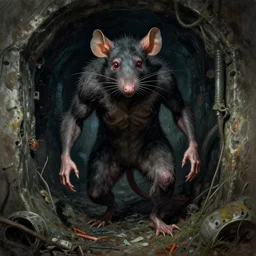 a terrifying humanoid rat man lurking the sewers. art by artgerm and greg rutkowski and alphonse mucha and tomacz alen kopera.