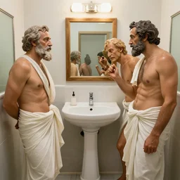 greek philosophers in a bathroom