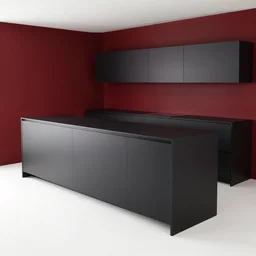 photo of black, matte kitchen fronts surfaces and furniture, dark red walls at the back, white floor tiles on the ground, white ceiling, architecture, concept art