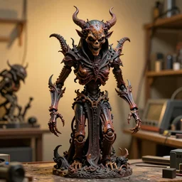 photo taken of an epic intricate, ultra detailed, super realistic sculpture of a nightmarish hellish demonic grim reaper animatronic on display in a workshop, created by weta workshop, full body shots, photorealistic, sharp focus, f 0. 4, face centred, macro photography, golden ratio, golden hour