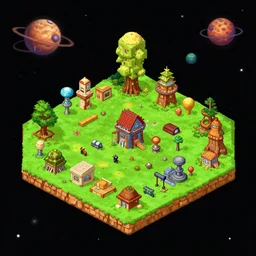 isometric view of the whole of a small colony on a strange planet, from a space themed Lucasarts graphic adventure game made in 2018