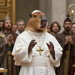 A capybara as a Holy Pope, making a speech to his believers, photorealistic, sharp, detailed, epic, trending on artstation and behance