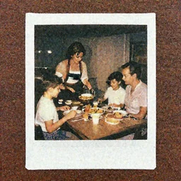polaroid photo homemade photo of a family preparing breakfast, inside the titanic, august 1968, color photo, award winning