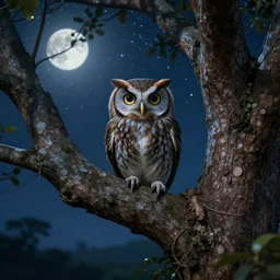 very very small owl, sitting on a gigantic banyan tree in moonlit kerala by ilya kuvshinov, starry night, rtx rendering, octane render 1 2 8 k, maya, extreme high intricate details by tom bagshaw, medium shot, close up shot, composition by sana takeda, lighting by greg rutkowski