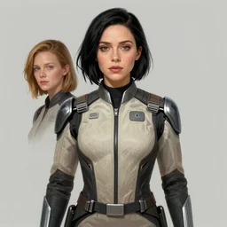 a woman who looks like a mixture between Elizabeth Olsen, Mary Elizabeth Winstead and young Sigourney Weaver, black bob hair, wearing futuristic beige and black utilitarian jumpsuit, scifi, highly detailed portrait, digital painting, artstation, concept art, smooth, sharp focus, illustration, ArtStation HQ