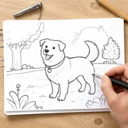 Dog at the park, coloring book outline, line drawing
