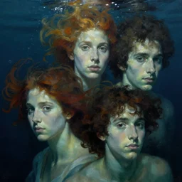 hyperrealist portrait underwater dark ocean romantic by lucian freud and victo ngai and alphonse mucha very detailed faces
