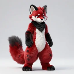 visual static, photorealistic male body weasel furry ( red & black ) fursona, attached tail