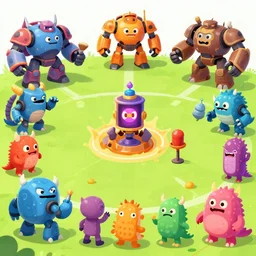 splashy cartoony illustration of various battle monsters, battle ai arena, mechabots and glue monsters, funny fighting show, crazy colors