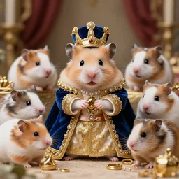 “ a hamster wearing royal clothing, surrounded by wealth, beautiful female hamsters surrounding him ”
