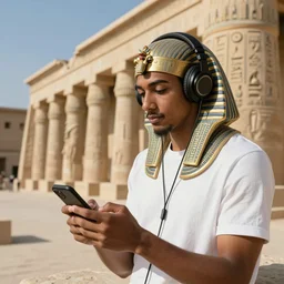 hd photo of ancient egyptian RowLow listening to music with headphones and holding his smartphone, but as a hieroglyph