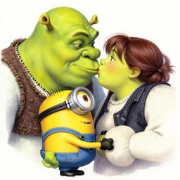 beautiful portrait of shrek kissing a minion, concept art by yoji shinkawa, felt tip pen, intricate detail, sharp focus, illustration
