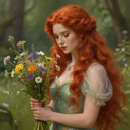 a beautiful red haired woman as a fairy princess in a garden holding a bunch of wild flowers, deep focus, d & d, fantasy, intricate, elegant, highly detailed, digital painting, artstation, concept art, matte, sharp focus, illustration, hearthstone, art by artgerm and greg rutkowski and alphonse mucha