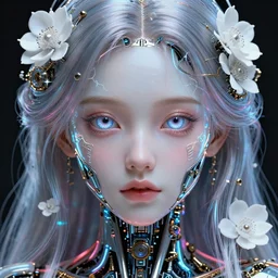 stunning hyperdetailed upclose symmetrical portrait of 4 0 year old caucasian cyborg girl with translucent porcelain skin, lush thick hair, big electric eyes, ultra detailed ornate neon wire lacing, ultra detailed steampunk cyborg implants, complex white nano mechanical flowers, micro detail, by satoshi kon, sharp focus, trending on artstation hq, deviantart, pinterest, 8 k