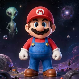 a portrait of an alien cosmic psychedelic realistic Super Mario waiting for you in deep space, by Gerald Brom