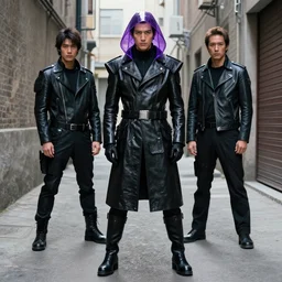 male with white sci - fi tactical gear, black leather garment, purple transparent sci - fi hood, full shot fashion photography, alleyway, battle ready, by irving penn and storm thorgerson, ren heng, peter elson