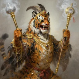 masterful fantastic realist painting an exotic ancient feathered and bejeweled bird wearing an exquisitely painted bugaku mask of a tiger, gold chains strung like tinsel, viciously blinded, bugaku tiger cosplay, gilt vajra, swinging holy censors with thick smoke, fantasy portrait painting, digital painting trending on artstation, volumetric lighting and mist, 3 / 4 portrait painting,