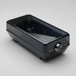 a dark glass and plastic surface box shaped vehicle, scifi flying vehicle, bladerunner 2 0 4 9, air conditioner, pininfarina, hard surface, studio lighting, unreal engine 5, light background
