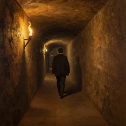 a dungeon hallway with a single torch on the wall. a man is walking in the hallway, oil painting