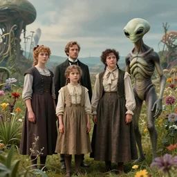 still from a sci fi blockbuster movie made in 2022, set in 1860, of a family standing next to some strange wild alien plants and flowers, wearing 1850s era clothes, a humanoid alien standing nearby, in a park on a strange alien planet, good lighting, 4k, in focus faces, detailed faces, oscar winner, 35mm macro lens