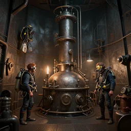 boiler room of a ship, victorian alchemists, old scuba, polygonal iron steel walls, by peter mohrbacher dan mumford craig mullins nekro, cgsociety, pixiv, volumetric light, 3 d render