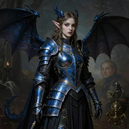 Gothic elf princess in dark and blue dragon armor, Rembrandt painting (1667) and artstation trending, highly detailded