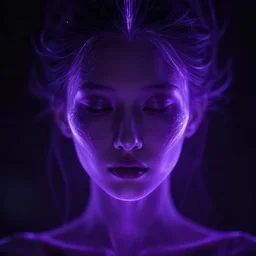 closeup portrait of an ethereal person made of purple light, divine, cyberspace, mysterious, dark high-contrast concept art