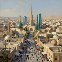 a beautiful painting of baghdad city, crowded people, landscape, fantasy, futuristic, trending on artstation, unreal engine