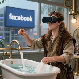 Steampunk Mark Zuckerberg as a long haired medieval engineer wearing VR glasses while taking a bath at the Facebook headquarters, by Diego Velázquez