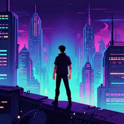 a man standing on a ledge in a futuristic city | cyberpunk art by james gilleard | cgsociety | retrofuturism | synthwave, cityscape, 2 d game art