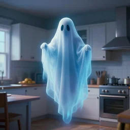ghost apparition floating in the middle of a kitchen, artstation, r/art, realistic, cam footage, thermal imaging