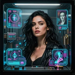 beautiful Morena Baccarin, full pallet image, Blade runner artifacts, electronic case display, cyberpunk hologram tech, ultrarealistic, futuristic, three point lighting, dramatic lighting, electrical details, high details, 4k, 8k, best, accurate, trending on artstation, artstation, photorealism, ultrarealistic, digital painting, style of Peter Mohrbacher, Caravaggio, Dali, Boris Vallejo, Hajime Sorayama