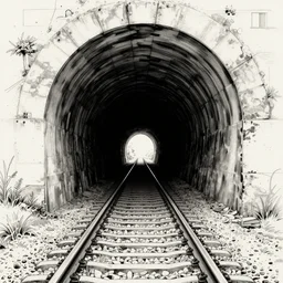 a pulp illustration of a singular long railway tunnel that fades to blackness, minimalist, sharp, intricate, masterpiece, high detail, by karl kopinski, godmachine, by ralph bakshi