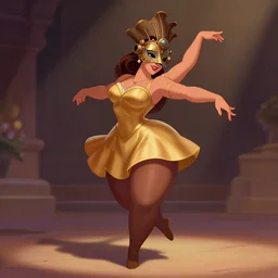 an animation fantasy illustration of a beautiful ancient dancer, thick tights, curvy, wearing a beautiful intricately detailed steam punk crow mask and clasical gold short dress, by disney, beautiful dynamic epic lighting, shadows, romantic atmosphere, artstation, cartoon art, 8 k