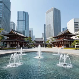 plaza with water fountains, neo tokyo, futuristic and traditional japanese buildings, utopia, clear sky, tall skyscrapers in background, featured on ArtStation, realistic art nouveau