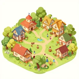 isometric illustration of a fairy village