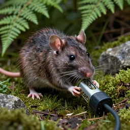 photo, scary mutant monster rat chewing! an internet cable!! in the ferns, grass and rocks, highly detailed photo, intricate details, volumetric lighting, close up