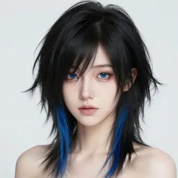 a pale emo girl with medium messy black hair, a blue streak, soft facial features, bangs covering one eye, wearing a neckerchief, 2 0 0 8, myspace photo
