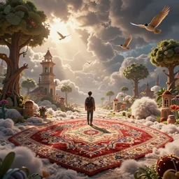 photo of a wanderer in the magic Fluffy 3d Persian Carpet dimension, everything is carpet and 3d, birds and trees, surreal, Pixar movie panorama, immense detail, epic, striking, by Caspar David Friedrich