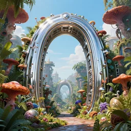 a colossal shining chrome metal arch is surrounded by colorful jungle, retro - futuristic, science fantasy, rusted, fungal, salt, lgbt, queer, rpg, epic, dungeons & dragons, sacred, sharp focus, award - winning, extremely detailed, 4 k, 8 k
