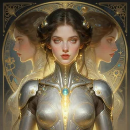 symmetry!! portrait of a woman, sci - fi, tech wear, glowing lights!! intricate, elegant, highly detailed, digital painting, artstation, concept art, smooth, sharp focus, illustration, art by artgerm and greg rutkowski and alphonse mucha
