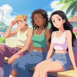 beautiful anime painting of sunny hiphop solarpunk summertime chill, by martine johanna, njideka akunyili crosby, rossdraws. trending on artstation, 8 k, masterpiece, graffiti paint, fine detail, full of color, intricate detail, golden ratio illustration