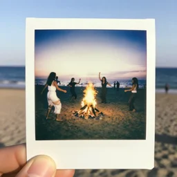 photograph of people dancing around a bonfire on the beach, flash polaroid, golden hour