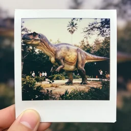 photograph of a polaroid of a real brontosaurus exhibit at san diego zoo, tourists in background, bokeh, high definition, slr, golden hour, realistic skin