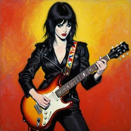 Goth girl playing electric guitar by Mario Testino, oil painting by Roy Lichtenstein