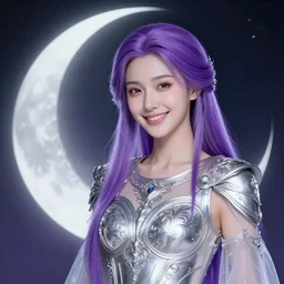 portrait of young smiling prophetess of the moon, silver filigree armor, purple hair, translucent glowing skin, beautiful! coherent! by brom, by junji ito, strong line, high contrast, muted color